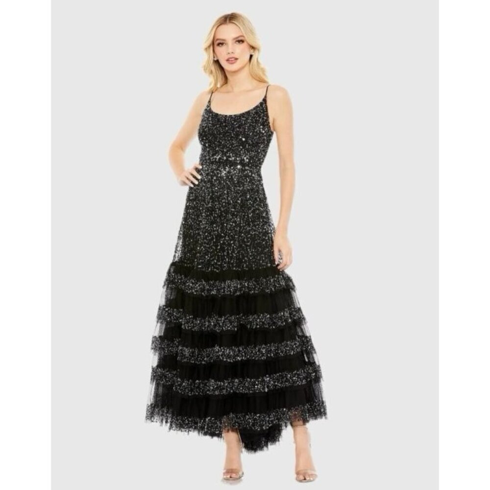 Mac Duggal Black Sequin Tiered Maxi Dress